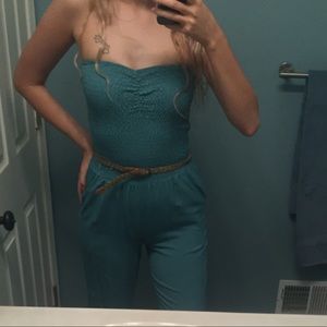teal strapless jumpsuit with belt